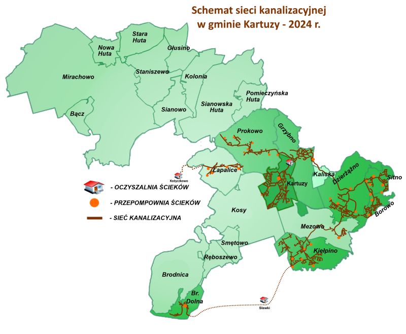 Schemat sieci kanalizacyjnej w gminie Kartuzy 2024